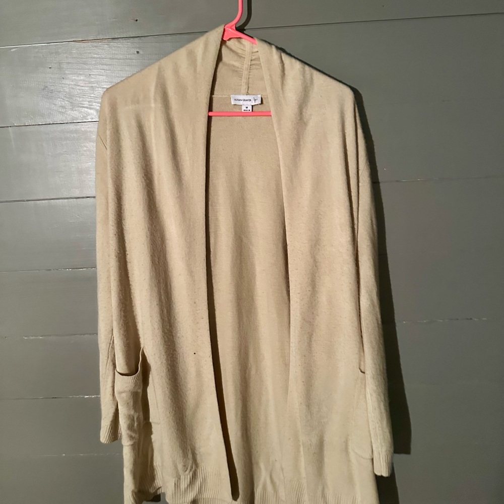 Susan Graver Cream Cardigan Open Front Long Sweater